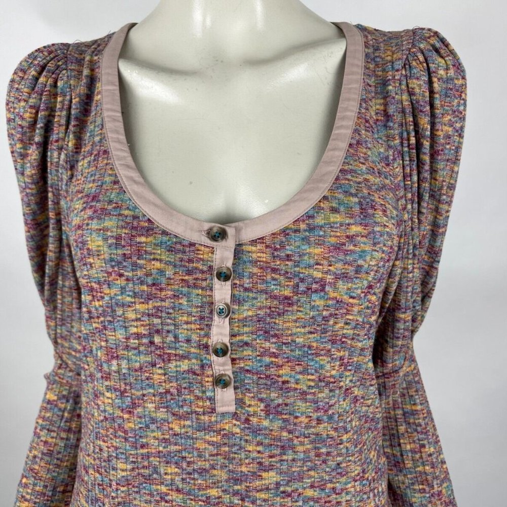 Anthropologie Puff-Sleeved Knit Henley Top Women S NWT Stretch Scoop Neck Purple - Picture 6 of 11